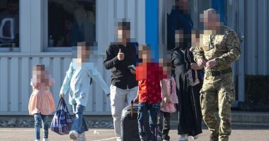A soldier escorts a family at Stansted on May 23 as part of a government scheme costed at £7billion smuggling migrants TO Britain after a data-leak blunder exposed by the Daily Mail