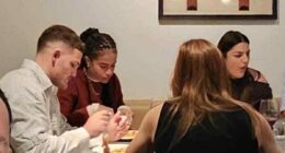 Pictured: Nathan Cleary and Mary Fowler enjoy an Italian meal in Sydney this week with the Penrith star's sister Indi (right, facing camera) and father Ivan (out of shot)