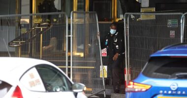 Large barriers have been set up around the four-star Britannia Hotel in Canary Wharf