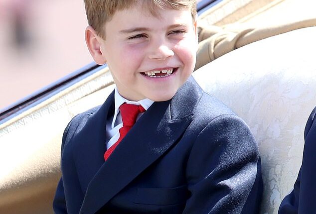 Prince Louis, the spirited third child of the Prince and Princess of Wales, is pictured flashing a grin during Trooping the Colour on June 14