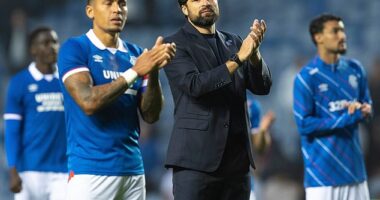 Russell Martin and James Tavernier applaud the Ibrox crowd after the Panathinaikos win