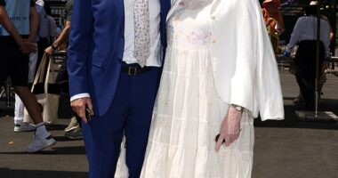 Sarah Lancashire joined her husband Peter Salmon for a rare public outing as they led the stars on day two of the Wimbledon Championships 2025 on Tuesday