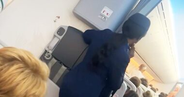 This is the terrifying moment passengers onboard a flight were left fearing for their lives after a fellow traveller attempted to open the cabin doors while at 30,000 feet