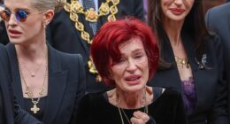 Sharon Osbourne paid a touching tribute to her late husband Ozzy as she led his emotional funeral procession on Wednesday (pictured with daughters Kelly and Aimee)