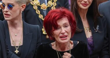 Sharon Osbourne paid a touching tribute to her late husband Ozzy as she led his emotional funeral procession on Wednesday (pictured with daughters Kelly and Aimee)