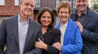 From left to right: Veteran stars Stefan Dennis, Rebekah Elmaloglou, Jackie Woodburne and Alan Fletcher stand alongside each other with pained smiles as they wave goodbye to an era