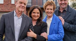 From left to right: Veteran stars Stefan Dennis, Rebekah Elmaloglou, Jackie Woodburne and Alan Fletcher stand alongside each other with pained smiles as they wave goodbye to an era