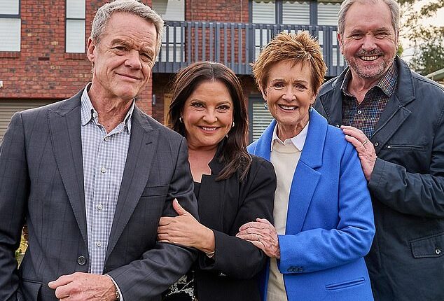 From left to right: Veteran stars Stefan Dennis, Rebekah Elmaloglou, Jackie Woodburne and Alan Fletcher stand alongside each other with pained smiles as they wave goodbye to an era