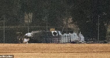 Charred wreckage of the 40ft-long Beech B200 aircraft was seen yards from the runway yesterday evening
