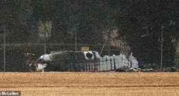 Charred wreckage of the 40ft-long Beech B200 aircraft was seen yards from the runway yesterday evening