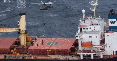 Dramatic footage of a daring Irish army operation (above) which led to £132million of cocaine being seized from a container ship was released last week