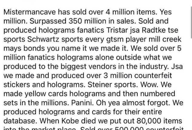 A Facebook post under Brett Lemieux's name claimed the memorabilia website he founded had sold over four million counterfeit items