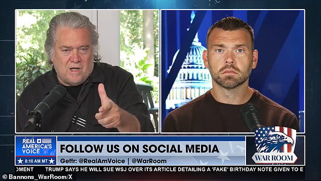 Steve Bannon (pictured left) believes that the Wall Street Journal's publishing of an alleged letter from Donald Trump to Jeffrey Epstein is part of a Rupert Murdoch plot to take down the president