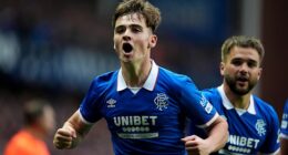 Findlay Curtis celebrates the goal which gave Rangers precious lead over Panathinaikos