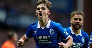 Findlay Curtis celebrates the goal which gave Rangers precious lead over Panathinaikos