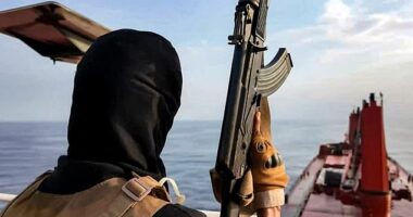 Yemen's Houthis released a propaganda video showing masked, armed men storming the shipping vessel Magic Seas on Sunday and simultaneous explosions that scuttled the ship