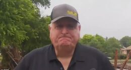 A Texas rancher (pictured) held back tears as he spoke with reporters, reacting to the overwhelming destruction caused by a monstrous flash flood that swept through communities across the state on Friday
