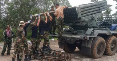 Cambodian soldiers reload the BM-21 multiple rocket launcher in Preah Vihear province on July 24, 2025