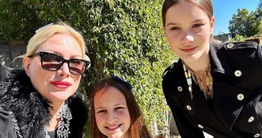 Alice Evans has rejected the claim by her ex-husband Ioan Gruffudd that she asked her children to write unflattering text messages about him [pictured with daughters Ella, 15 (R) and Elsie, 11 (C)]