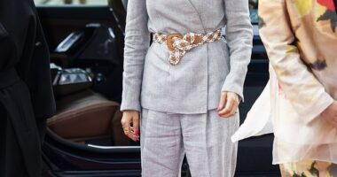 Last month Queen Mary of Denmark sparked controversy after stepping out in grey Bermuda-length culottes and a matching blazer designed by Copenhagen-based fashion house Mark Kenly Domino Tan