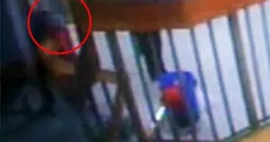 The footage, released as part of the investigation, appears to shows the orange-clad paedophile being led to his cells by a guard and being trailed by a second one