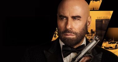 The poster for Travolta's latest film High Rollers, in which he plays Mason Goddard, a master thief who must pull off a dangerous casino heist when his nemesis kidnaps his lover