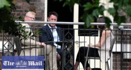 King Charles and Prince Harry's senior aides have held a secret peace summit in London (pictured: the head of communications for Royal Family Tobyn Andreae (left) and Meredith Maines head of communications for The Sussexes (right) with Liam Maguire, who runs the Sussexes' PR team in the UK (centre)