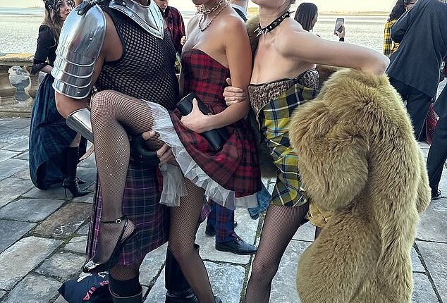 Princess Maria-Olympia of Greece (centre) donned a strapless, tartan mini-dress and danced the night away at Greek shipping heiress Electra Niarchos's 30th birthday party in Scotland this weekend. She is seen here with Camille Rowe and entrepreneur Evangelo Bousis