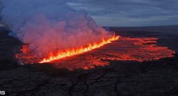 Lava emerges through a fissure following a volcano eruption near Grindavik, Reykjanes, Iceland July 16, 2025