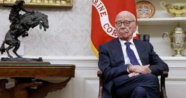 Within hours of the report's publication, Trump issued a scorched earth message via Truth Social insisting the letter was fake and vowing to sue the Journal, News Corp and Rupert Murdoch  (pictured in the Oval Office)