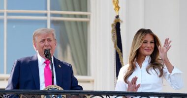 President Donald Trump (left) alongside first lady Melania Trump (right) appear on the Truman Balcony ahead of the president signing the 'Big, Beautiful Bill' into law. He had set a deadline for Congress of July 4th and the GOP-led House and Senate delivered just in time
