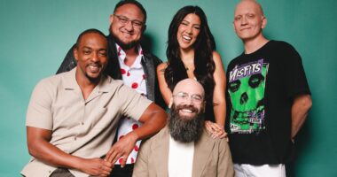 (L-R, Clockwise) Anthony Mackie, Joe Seanoa, Stephanie Beatriz, Anthony Carrigan, Michael John Smith of Twisted Metal season 2 at Den of Geek Studio San Diego Comic-Con 2025.