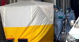 Officers were called at around 1pm today to reports that multiple people had been assaulted at a business premises (Pictured: Forensics on the scene)