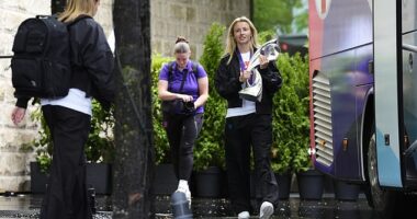 England skipper Leah Williamson was in possession of the women's Euros trophy as the squad made their return to the UK