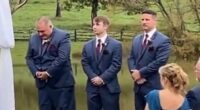 Wedding guests were left in stitches after an awkward blunder saw a groomsman with his trousers down in the middle of a ceremony
