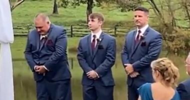 Wedding guests were left in stitches after an awkward blunder saw a groomsman with his trousers down in the middle of a ceremony