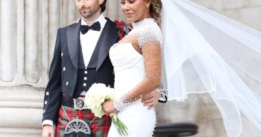 Geri Halliwell has so far failed to acknowledge her Spice Girl's bandmate Mel B 's star-studded wedding on Saturday (the couple are pictured)