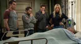 IT'S ALWAYS SUNNY IN PHILADELPHIA -- "Frank Is In A Coma" -- Season 17, Episode 2 -- Pictured (L-R): Rob McElhenney as Mac, Charlie Day as Charlie, Glenn Howerton as Dennis, Kaitlin Olson as Dee, Danny DeVito as Frank.