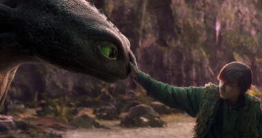 An image from 2025's How to Train Your Dragon with a boy gently booping a dragon's nose.