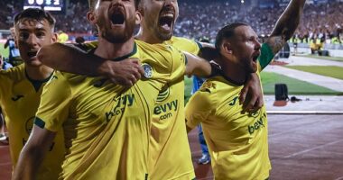 Boyle, far right, celebrates a famous victory with team-mates Iredale and O'Hora