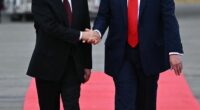 Donald Trump (pictured right) says there are plans underway for an historic meeting between Ukrainian President Volodymyr Zelensky after a phone call with Russian President Vladimir Putin (pictured left)