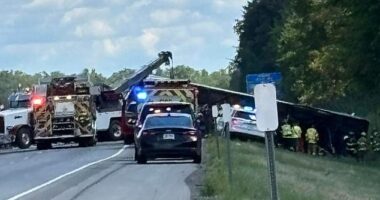 A tour bus carrying more than 50 people overturned on I-90 in Pembroke, upstate New York