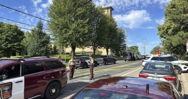 At least two children have been killed after a gunman 'pepper-sprayed' bullets through the stained glass windows at Annunciation Catholic Church in Minneapolis this morning