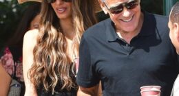 Amal Clooney looked picture perfect as she supported sickly husband George while leaving Venice the morning after he battled a serious sinus infection on the Jay Kelly red carpet