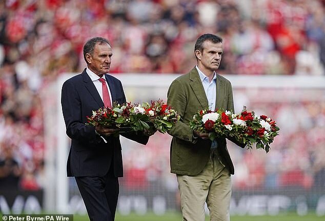 Liverpool paid tribute to Diogo Jota and his brother Andre Silva ahead of their double-header of friendlies against Athletic Bilbao at Anfield (above: Phil Thompson and Jon Uriarte lay wreaths)