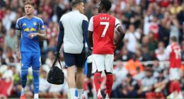 Saka went down moments after the hosts scored their third goal against the visitors, courtesy of summer signing Viktor Gyokeres