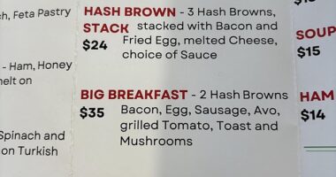 A woman posted a picture Manly cafe menu, highlighting the eye-watering $35 cost of a standard Big Breakfast meal