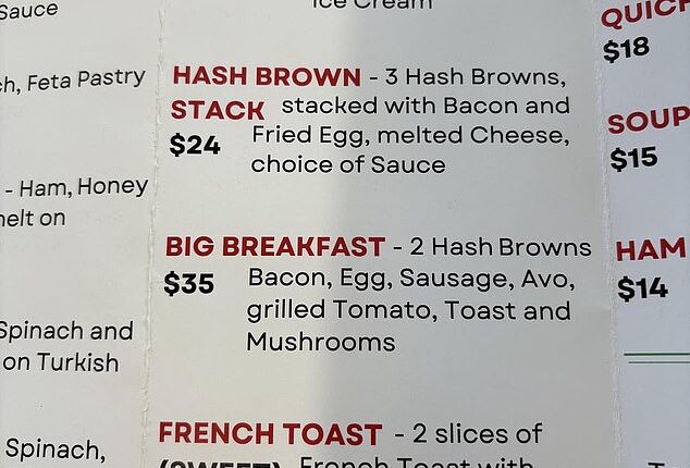 A woman posted a picture Manly cafe menu, highlighting the eye-watering $35 cost of a standard Big Breakfast meal