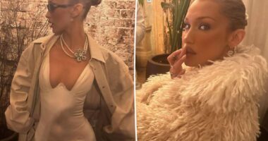 Bella Hadid rocks plunging silk dress and jewels in new photos