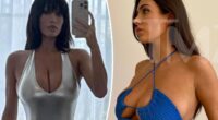Bianca Censori models metallic bodysuit with plunging neckline